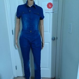 Women's Casual Short Sleeve/Long pant  Denim Romper with button pockets (Size M)